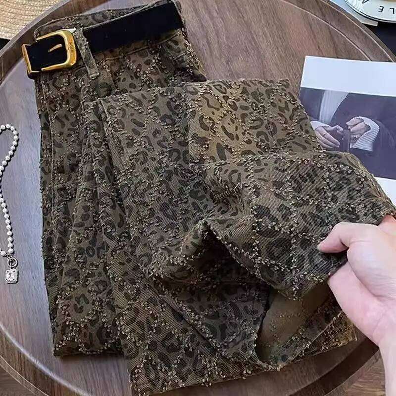 Fashionable Leopard Plaid Jeans Women S Autumn And Winter Plus Velvet New Straight Loose Wide Leg Pants MAKOUFEI