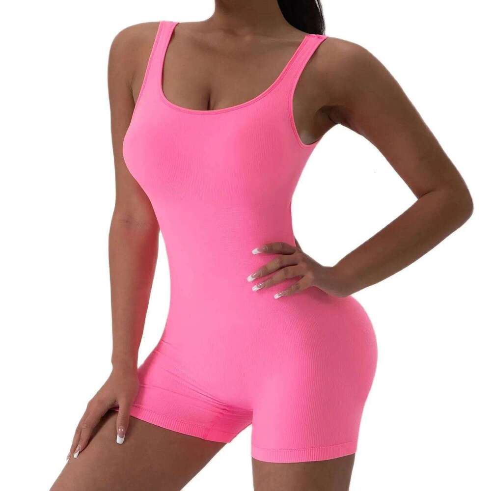 1PCS less Yoga Suit U Neck Sleeveless Sports Jumpsuit Solid Colour Threaded Stretch Women Bodysuit Without Bust Pads 26H0311