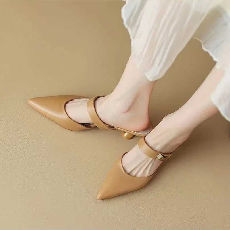 Women Kitten Heels Mules Golden Pointed Toe Summer Sandals Fashion Beige Ladies Casual Med Heels Shoes K260311