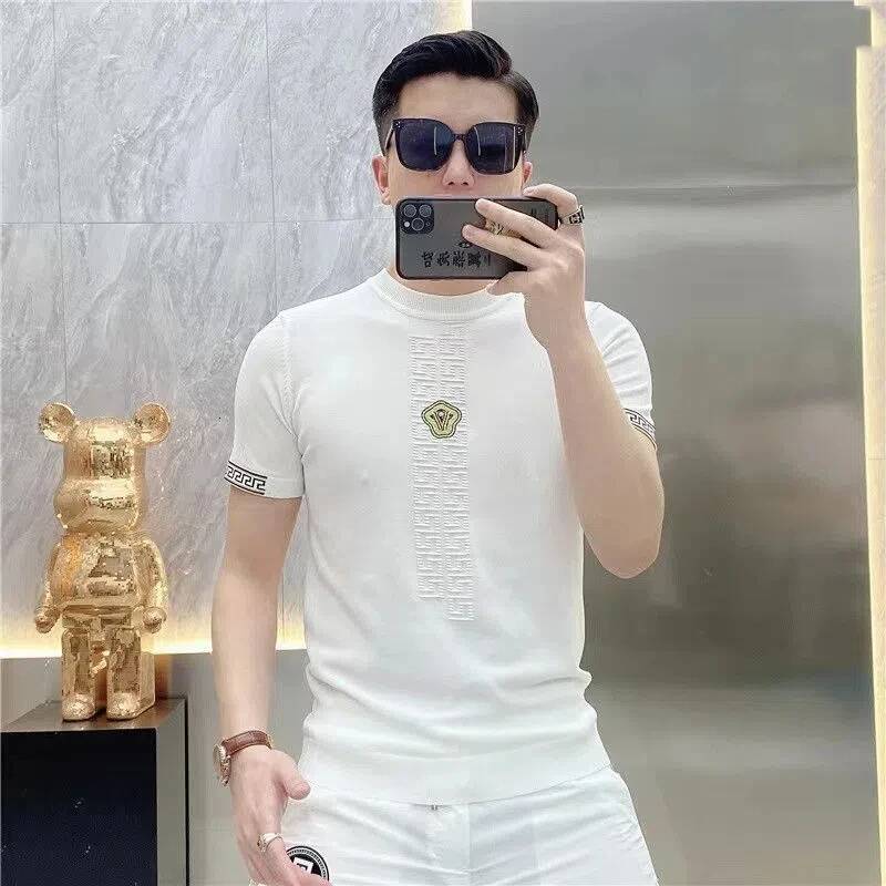 Summer New Men's Ice Silk Short Sleeve Casual Trendy Brand Thin Breathable Round Neck Embroidered Knitted T-shirt