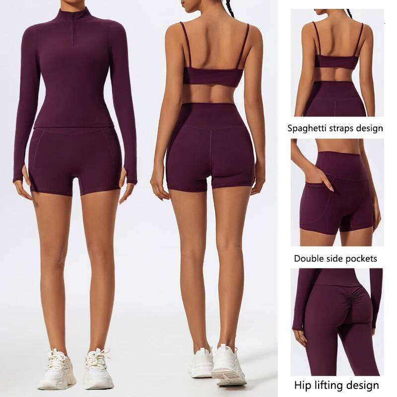 Hearuisavy Long Sleeve Suit Sports Quick-Drying Gym Bra Set Women Short Tracksuit Running Workout Yoga Clothes 26H0311