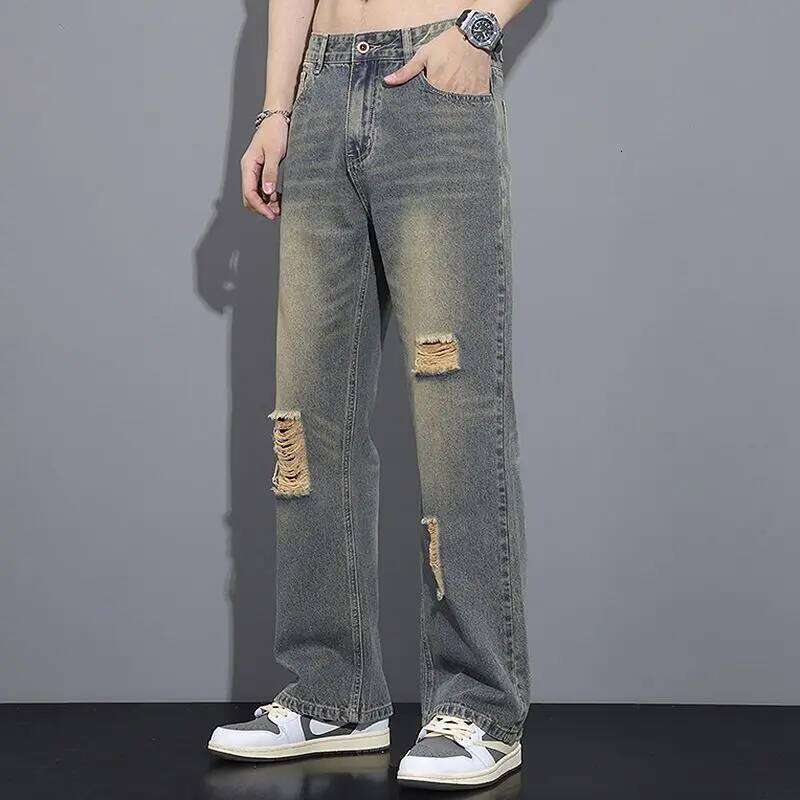 Summer New High Street American Vintage Distressed Jeans Men Button Zipper Pockets Trendy Loose Casual Wide Leg Straight Pants Z260225