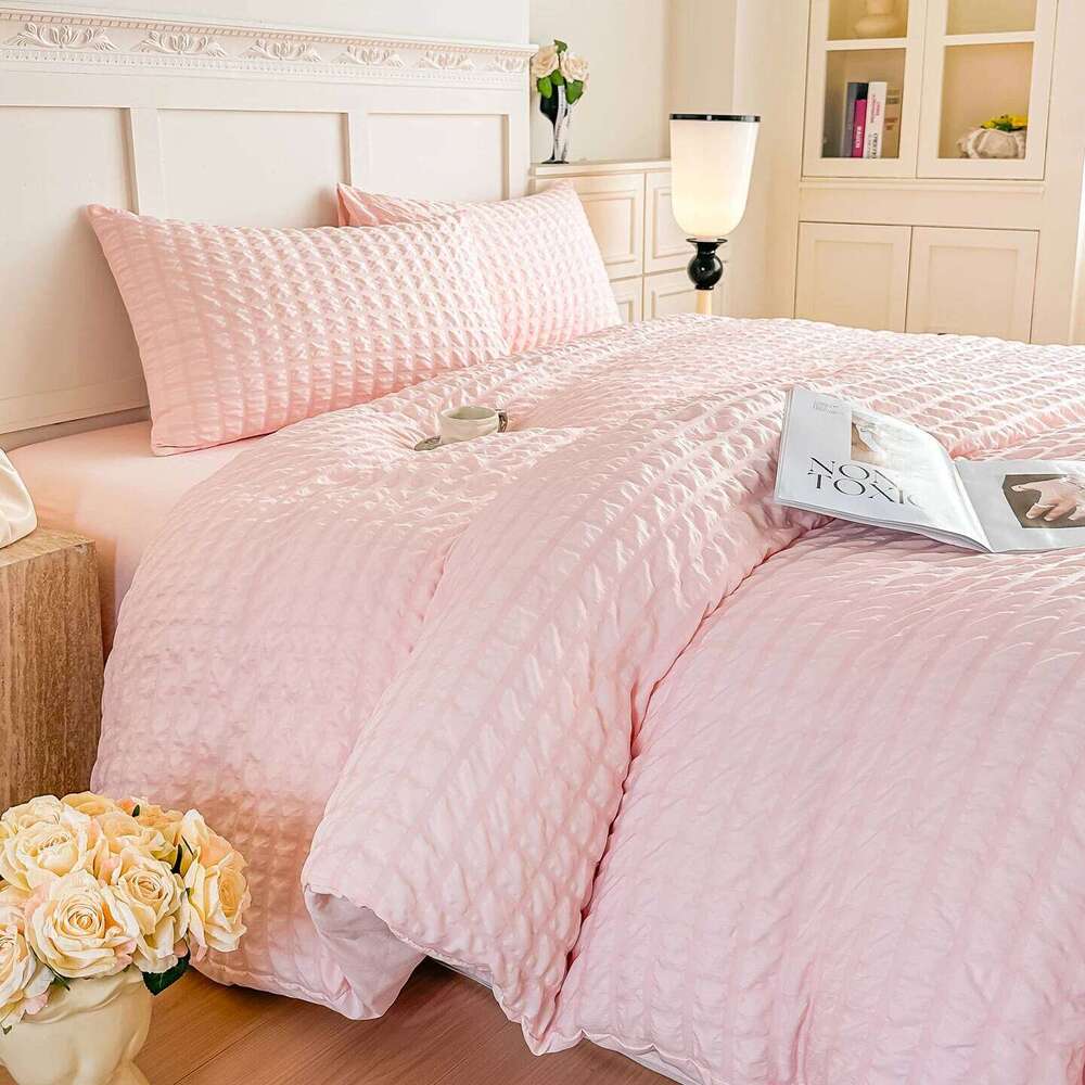 3pcs Pink seersucker Duvet 1*Duvet Cover + 2*Pillowcase, Without Core,pink Bedding Set H260311