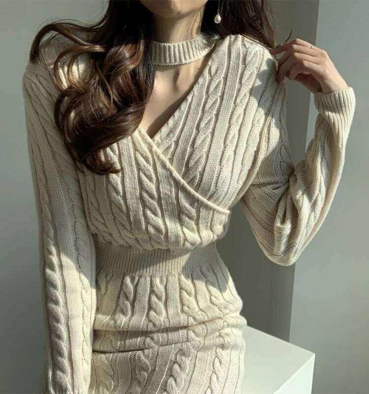 French Long Sleeve Sweater Knee Length Dress High Fork Style Thickened Paired With Knitted Dresses Women Autumn Winter Season Z260311