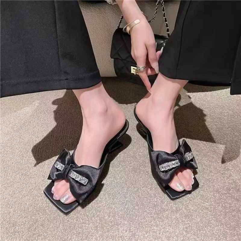 Women Summer Sandals African Shaped Heel Comfort Non-Slip Shoes Silk Bow Rhinestone Womens Zapatos De Mujer K260311