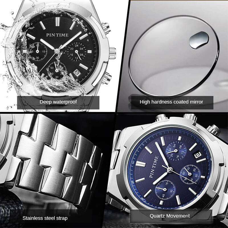 Business Man Watch Chronograph Luminous Dial Fashion Quartz Wristwatch Waterproof Stainless Steel Band Casuals Reloj Hombre Gift