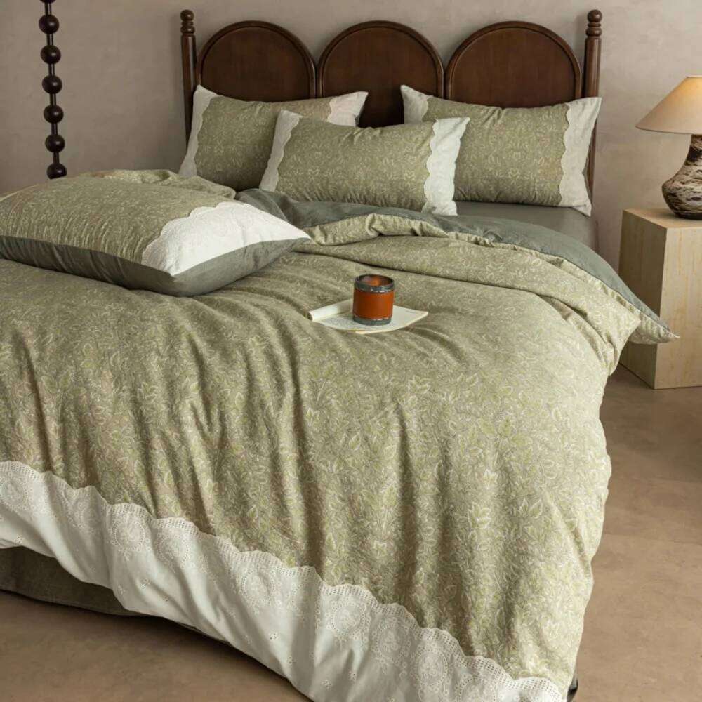 A Class Cotton Linen Four-Piece Skin Friendly Retro Floral Printed Bedding Set Quilt Cover With Lace Pillowcase Bed Sheet H260311