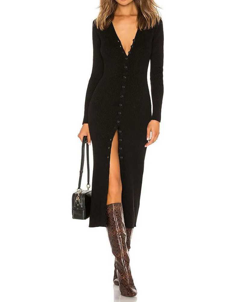 Sexy V-Neck Knitted Long Dress For Women Fashion Casual Elegant Bodycon Button Solid Color Long Sleeve Party Beach Maxi Dresses M260311