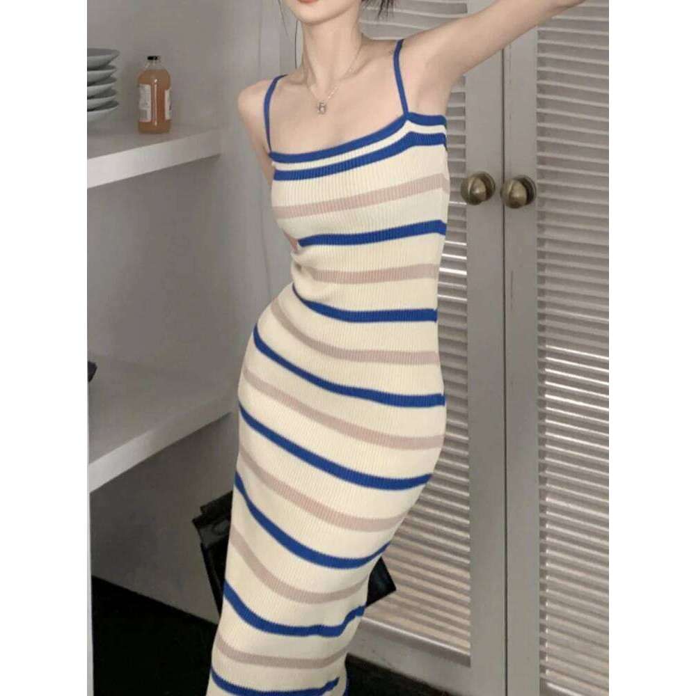 Elegant Camisole Dress for Women's Summer New Sleeveless Slim fit Knitted Striped Mid Length Dresses Z260311