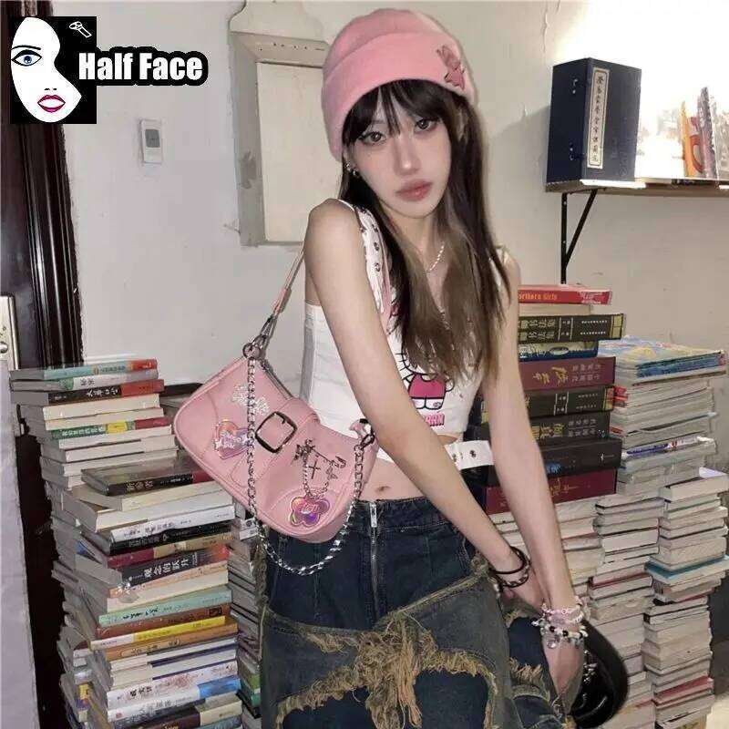 Y2K Spicy Girls Harajuku Women's Gothic Pink Punk One Shoulder Advanced Underarm Lolita Chain Design Crossbody Bags Tote XJ260311