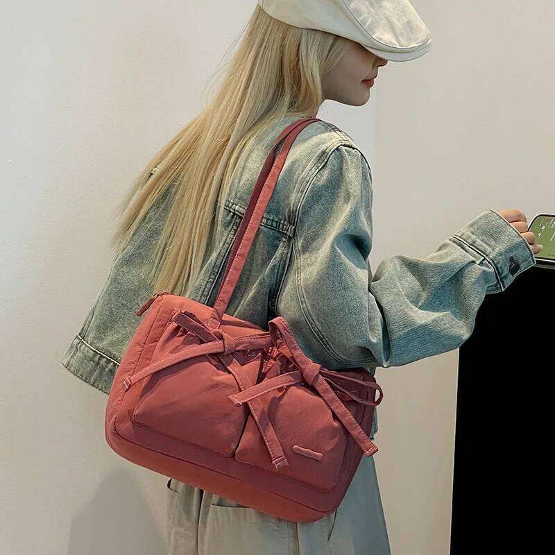 Sweet Pleated Bow Women Shoulder Bags Commuter High Capacity Ladies Underarm Bag Candy Color Waterproof Nylon Female Handbags XJ260311