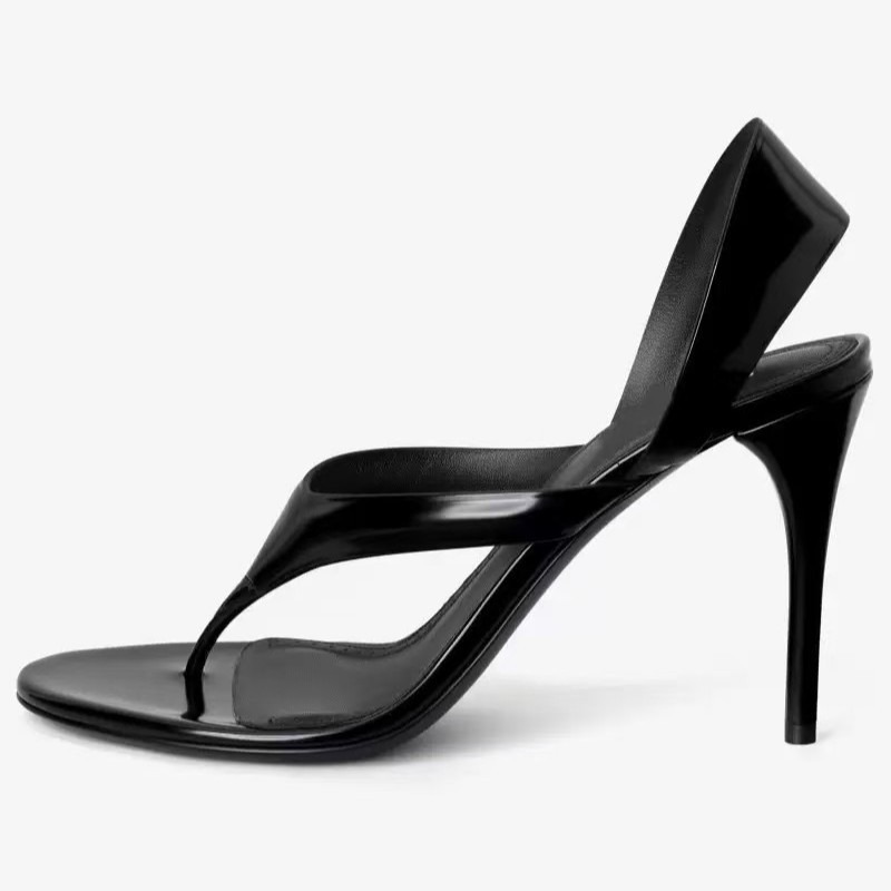 Brand Thin Heeled Round Toe Patent Leather Texture Sandals with Herringbone Clip Toe High Heels