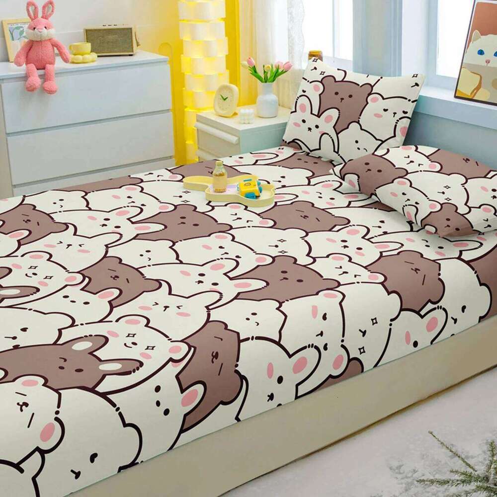 3-piece cartoon fun bear pattern matte three piece fitted sheet bedroom printed bed cover set, bedding H260311