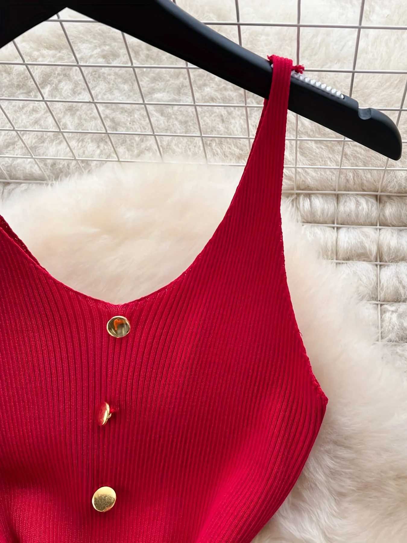 2024 Solid Button Front Spaghetti Dress Sexy Split Knit Cami Dress Bodycon Womens Clothing Outfits Split M260311