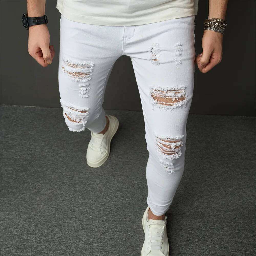 Streetwear Men Simple Style Stretch Skinny Jeans Pants Male Holes Solid Distressed Slim Pencil Denim Trousers Z260225