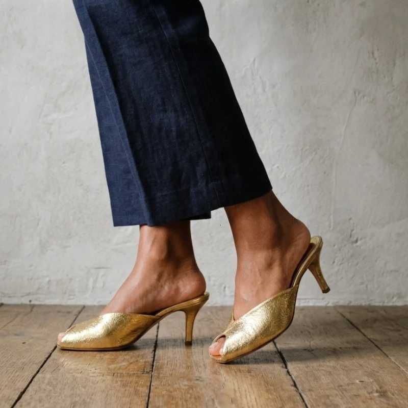 Shiny Gold Women Mules Shoes Shallow Slip on Fashion Peep Toe Party Dress Mid Heels Summer Modern Sandals for Ladies K260311