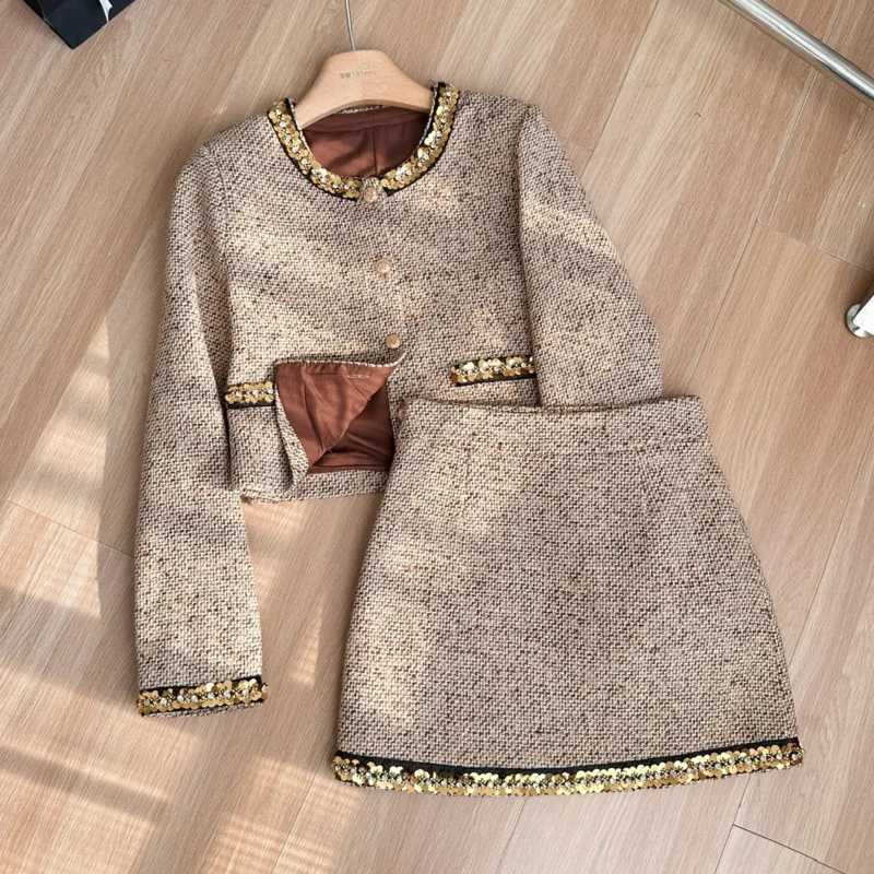High Quality French Vintage Tweed 2 Piece Sets for Women Fashion Jacket Coat & Short Skirt SuitsT260311