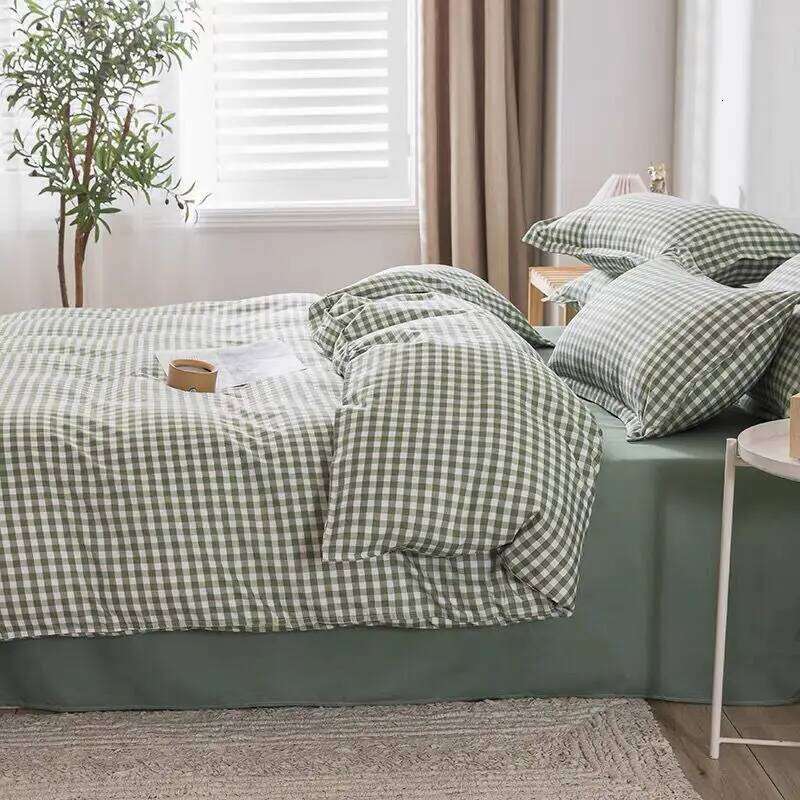 Simple Bedding Set Plaid Sold Color Single Queen Size Duvet Cover No Filling Boys Girls Flat Sheet Pillowcase Kit H260311 - view 6