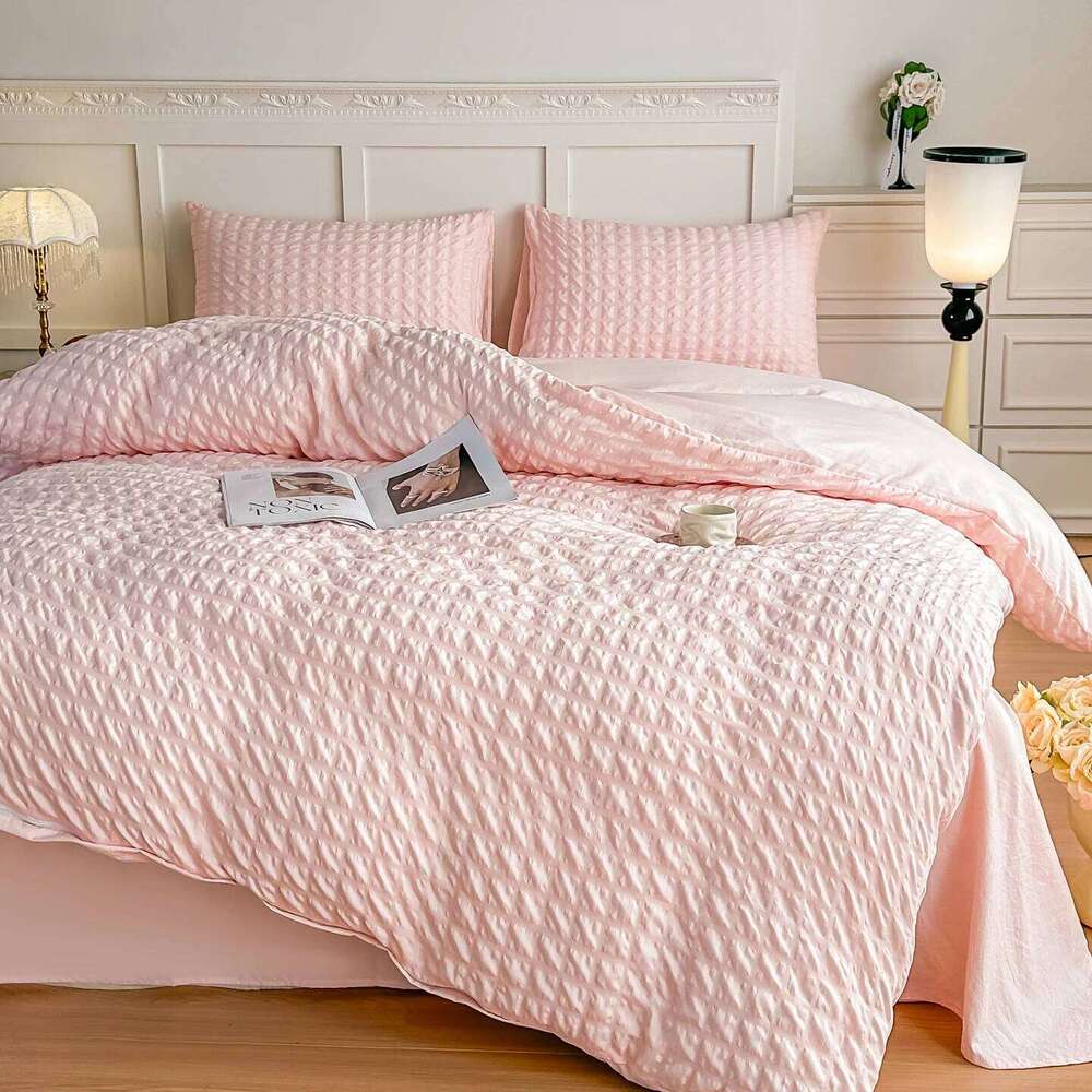 3pcs Pink seersucker Duvet 1*Duvet Cover + 2*Pillowcase, Without Core,pink Bedding Set H260311