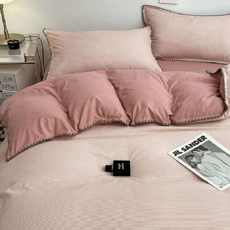 Ins Style Double Striped Bed 3-4 Pces Solid Washed Cotton Bedding with Sheets Pillowcases Skin Friendly Breathable Duvet Cover H260311