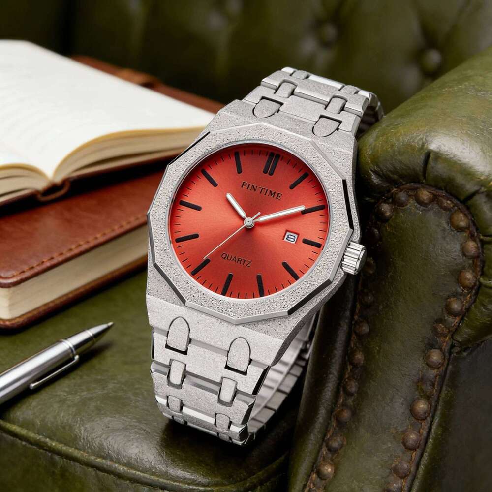 Octagon Wristwatch Glitter Textured Case Purple Dial Date Display Quartz Unisex Stylish Trendy Casual Fashion Watch