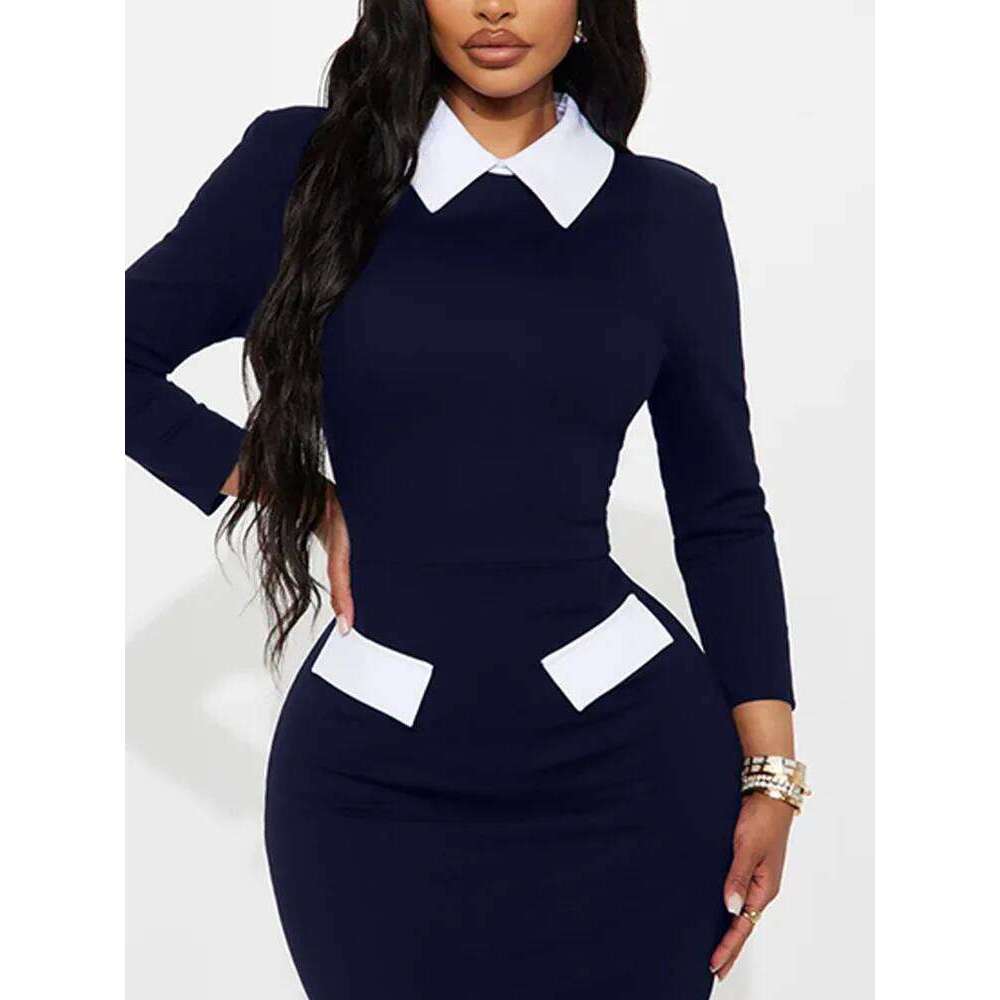 Elegant Fashion Women's Pencil Polo Collar Design Professional Long Sleeved Solid Color Office Lady Dress Z260311
