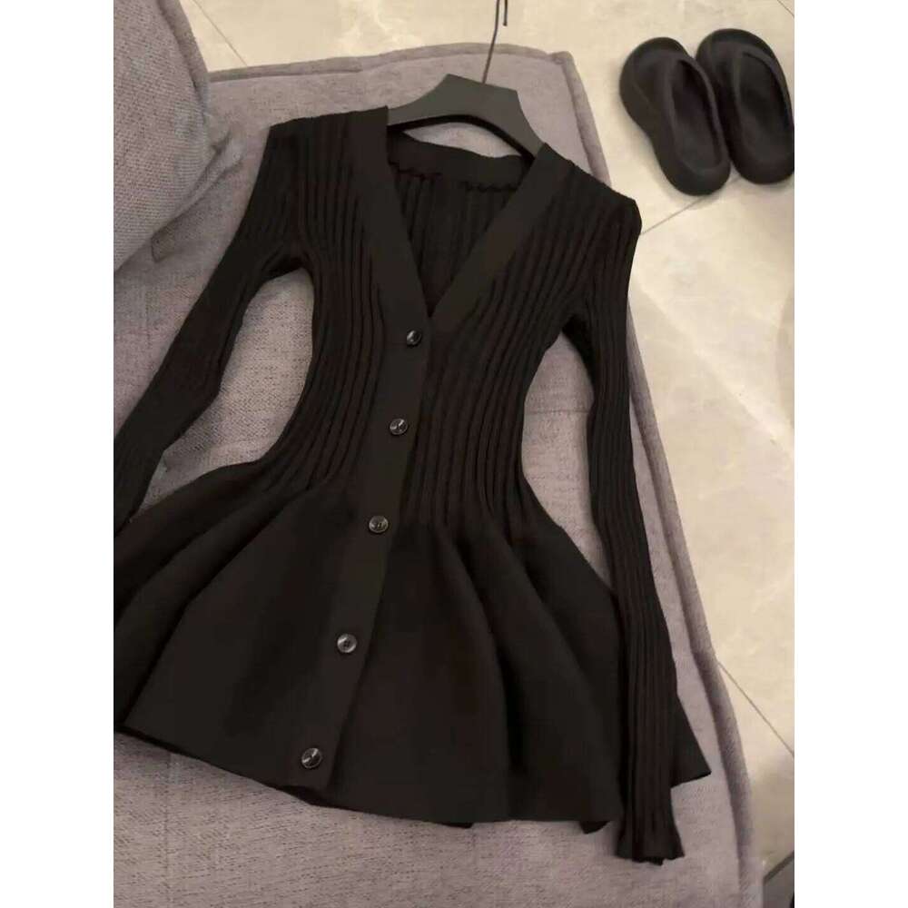 Vintage Elegant Dress Long Sleeve V-neck Knitted Dresses Women Casual Single Breasted Slim Fit Autumn Korean Sexy Style Skirt Z260311