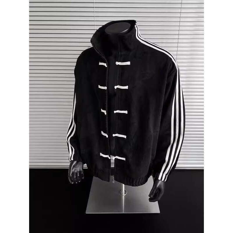 Blue White Patchwork Three-Stripe Stand-Up Collar For Men, Popular Spring And Autumn Fashion, New Chinese-Style Button-Down Tang Suit Jacket Asia Size