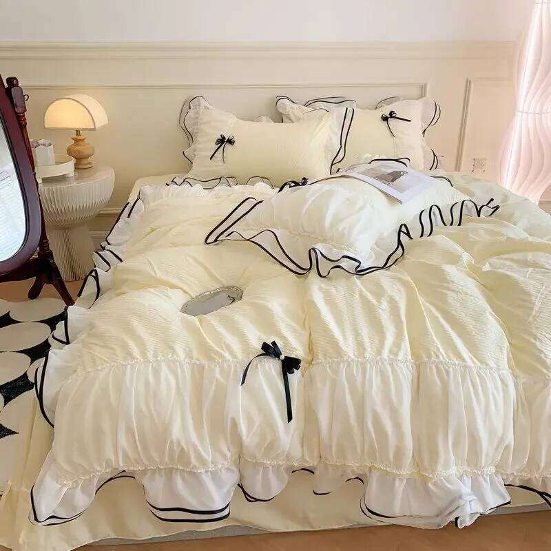 Korean Princess White Bedding For Women Double Ruffle Lace Duvet Cover Full Queen Solid Color Comfortable Falt Bed Sheet Set H260311