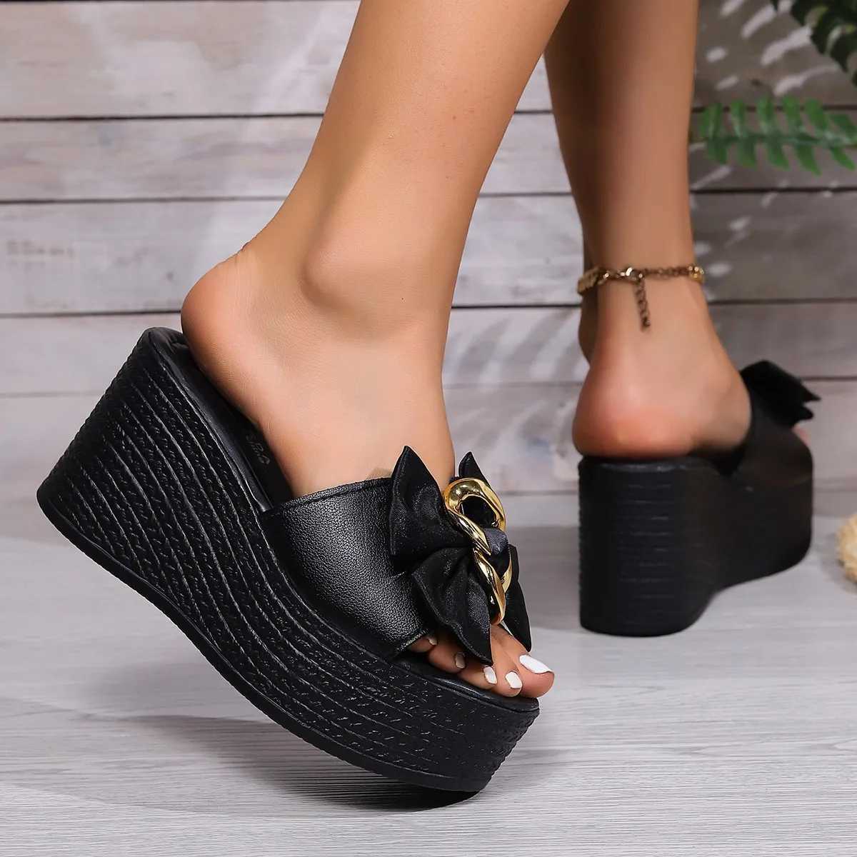 Womens platform sandals bow-adorned stylish chain-decorated wedge sandals womens platform summer slippers K260311