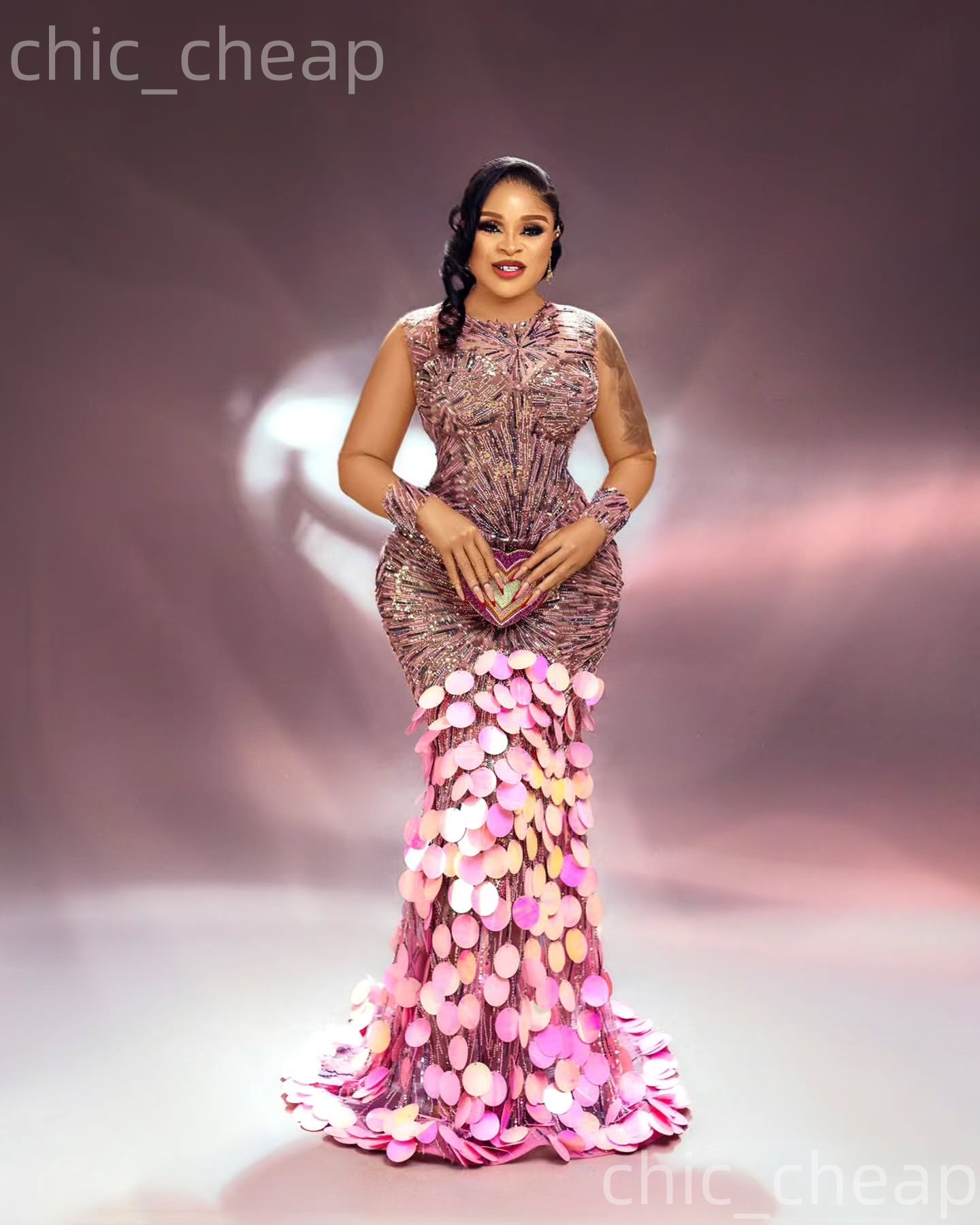 Aso Ebi Blush Pink Prom Dress 2026 Mermaid Prom Dress Sheer Neck Sequins Full Sleeves Evening Dresses Birthday Party Formal Receiption Gowns Dresses Z