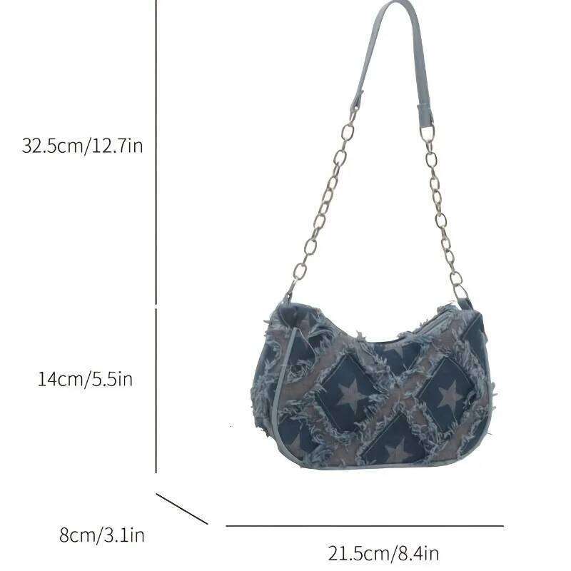 Women's Tote with Star Pattern Blue Distressed Design, Golden-Tone Hardware, Stylish Handbag Shoulder Bag for Everyday Use XJ260311