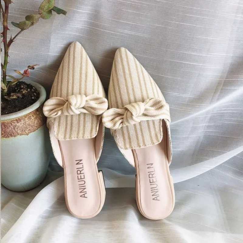 Shoes with Heel Mules Summer 2026Beige Slides Plaid Bow Womens and Ladies Sandals Job Natural Skin I New Fashion K260311