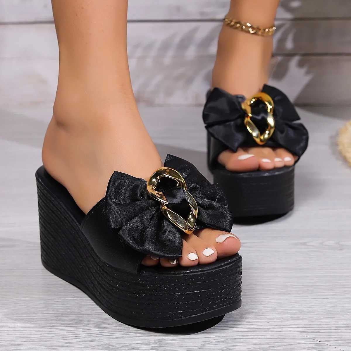 Womens platform sandals bow-adorned stylish chain-decorated wedge sandals womens platform summer slippers K260311