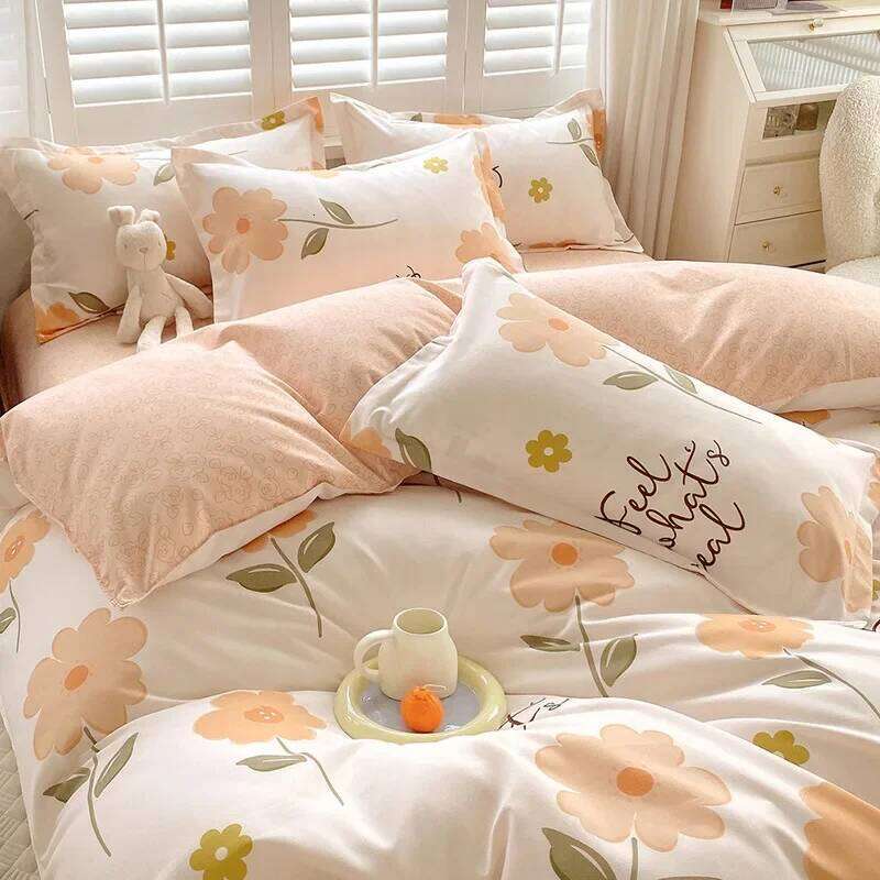 Skin-Friendly Twill Fabric Bed Sheet Four Piece Set Ab Double-Sided Color Blocking Bedding Sets Flower Printed Quilt Cover H260311 - view 6