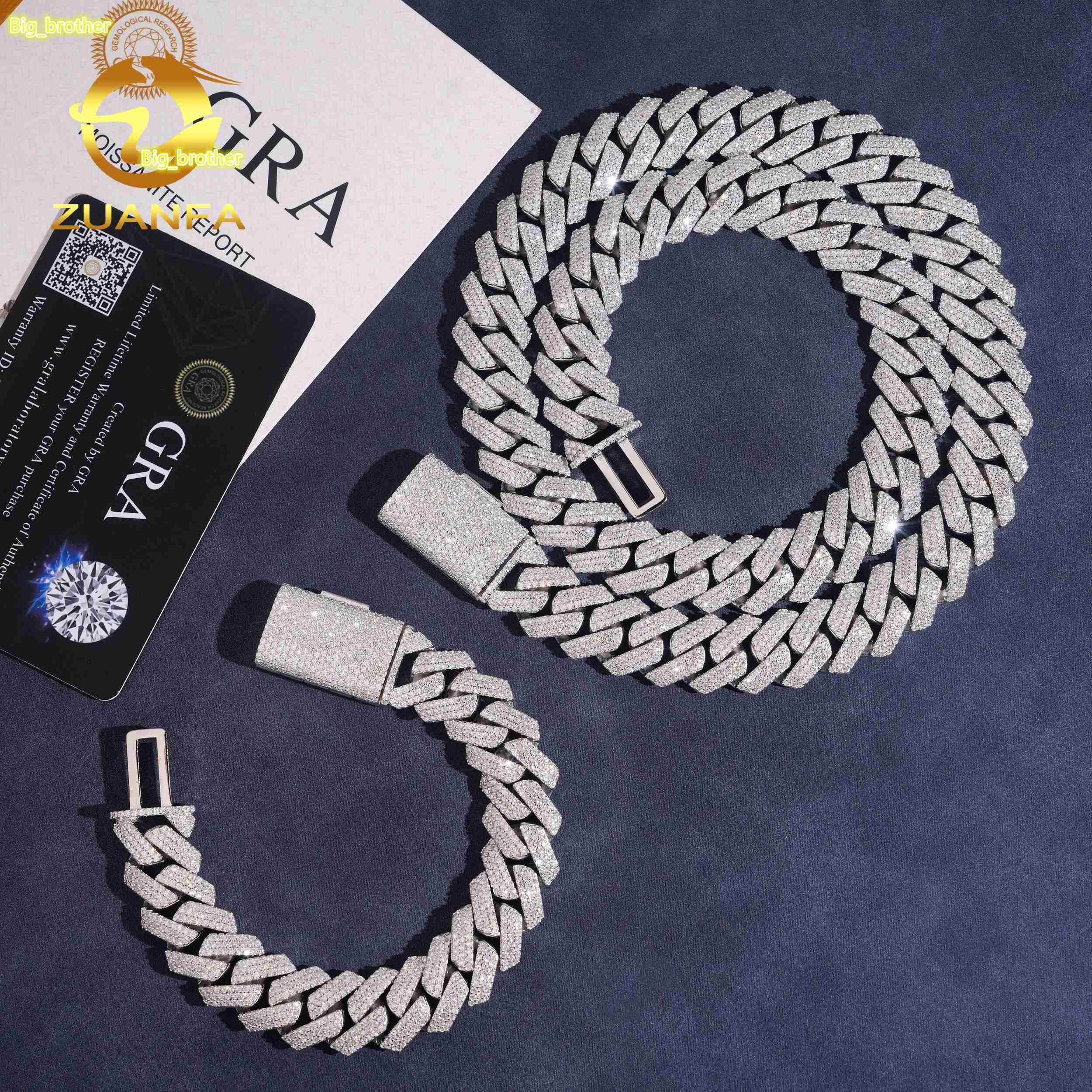 Pass Diamond Tester Hip Hop Iced Out Mens 15mm 3 Rows Stone Moissanite Miami Cuban Link Chain
