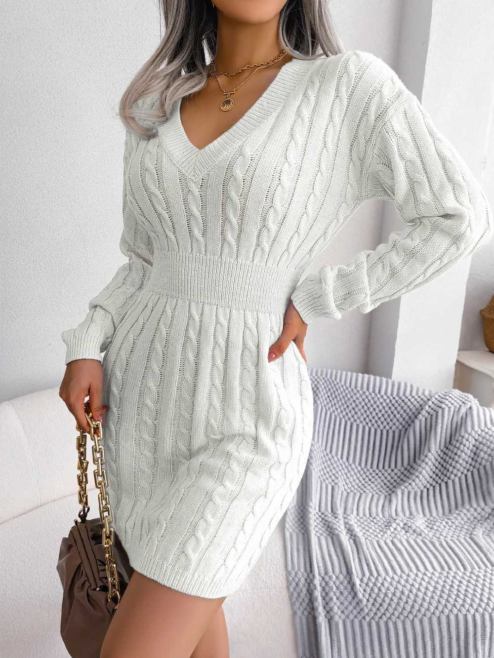 Knitted Sweater Dress for Women 2026 Autumn Winter Elegant Long Sleeve Slim Waist Knitwear White Blue Khaki Woman Clothing M260311
