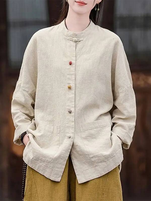 Retro Chinese Artistic Long Sve irt Women's Cotton Linen Autumn Spring Stand Collar Button up Cardigan Casual Loose Fit