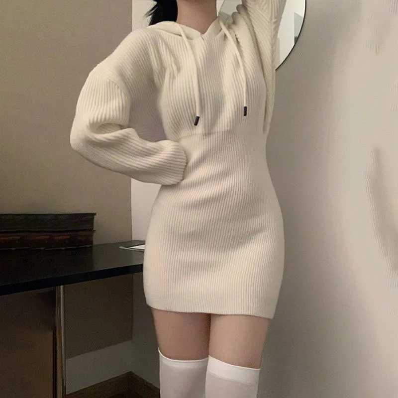 Sexy White Thicken Knit Mini Dress Woman Korean Elastic High Waist Bandage Dresses Women Hooded Outwear Long Sleeve Slim Dress a08 M260311