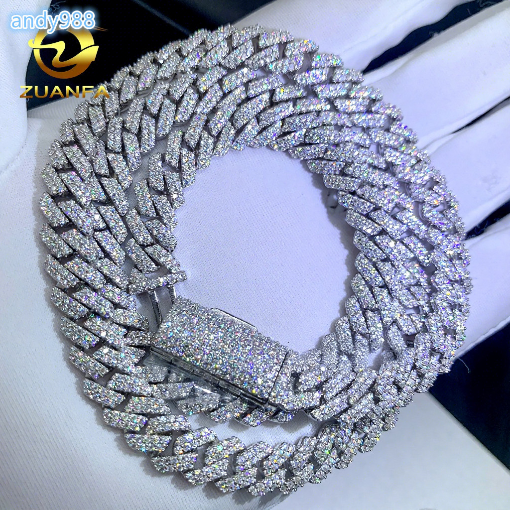 Hip Hop Men 8MM Prong Cuban Link Chain Necklace Bling Iced Out 2Row Moissanite S925 Silver Rhombus Cuban Necklace Jewelry