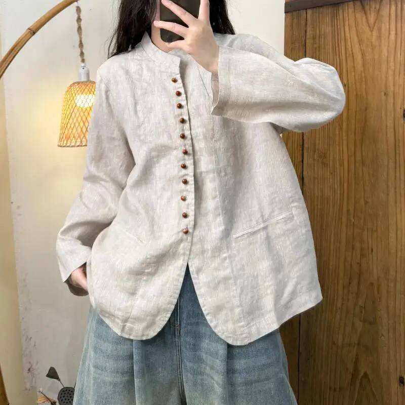 New Arrival Spring Arts Style Women Long Sleeve Stand Collar Loose Shirt Vintage Single Breasted Cotton Linen Casual Blouse Tops