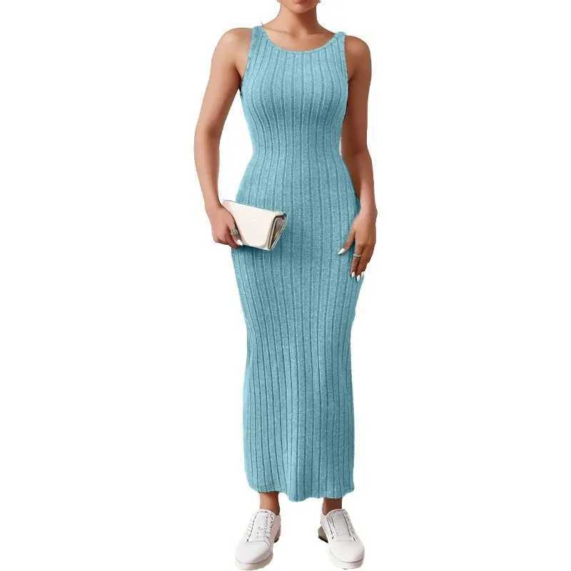 Summer New Style Sleeveless Inner Strap Mid-length Round Neck Backless Knitted Hip One-step Skirt Vest Dress M260311