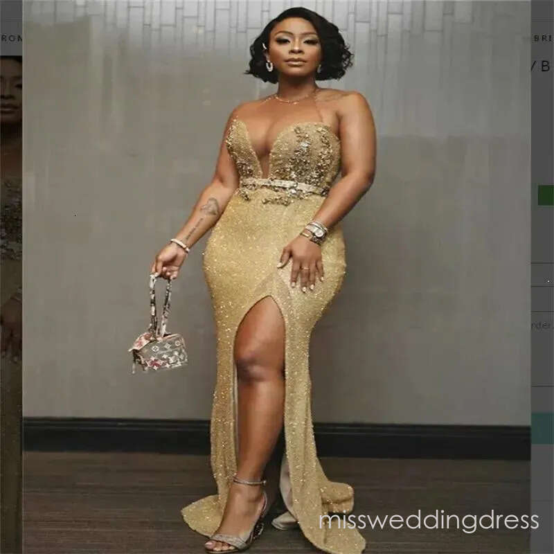 Sparkly Gold Prom With Slit O Neck Crystal Mermaid Sequin Evening Dress Black Women Birthday Party Gown Formal Dance Occasion Night Vestio De Fiesta