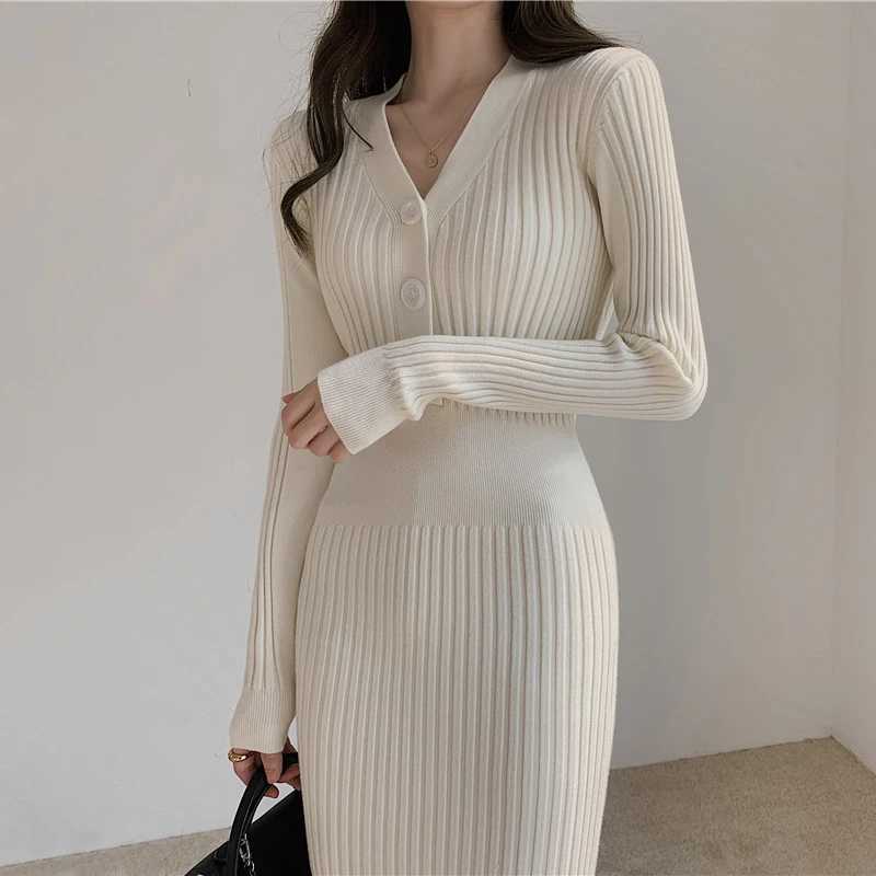 Autumn Winter Womens Dress Button V-Neck Knitted Party Long Sleeve White Long Dress Bodycon Casual Elegant Ladies Dresses M260311