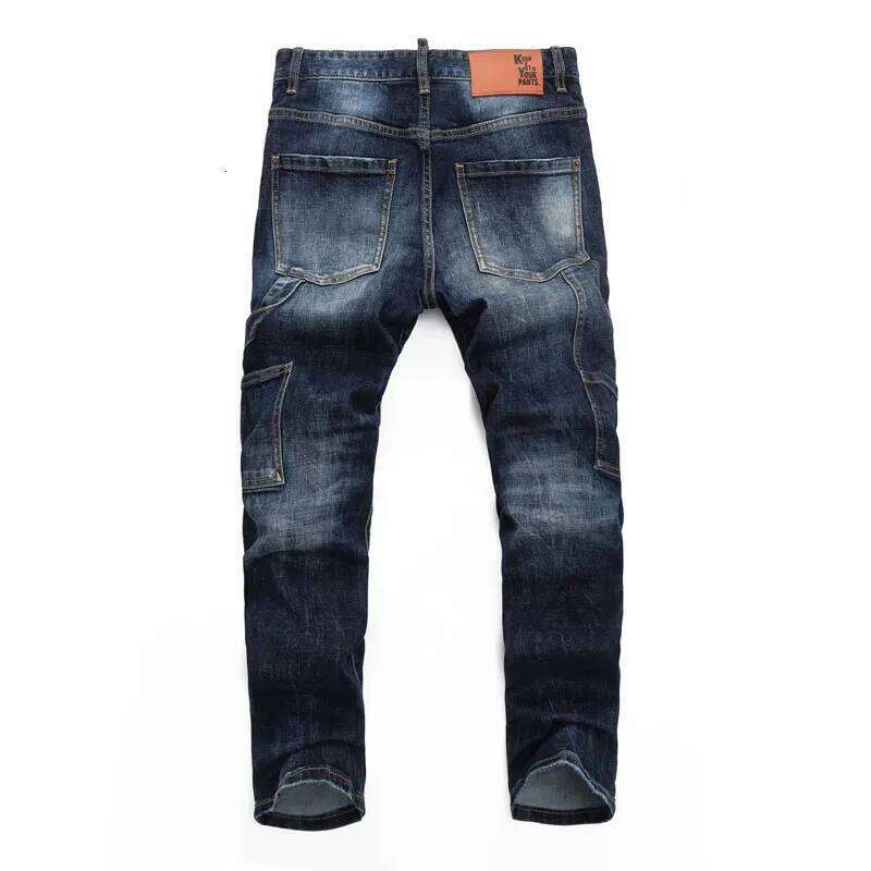 High street fashionable new men's jeans with patch, nostalgic stretch, slim fit, washed blue jeans, 's hip-ho Z260225