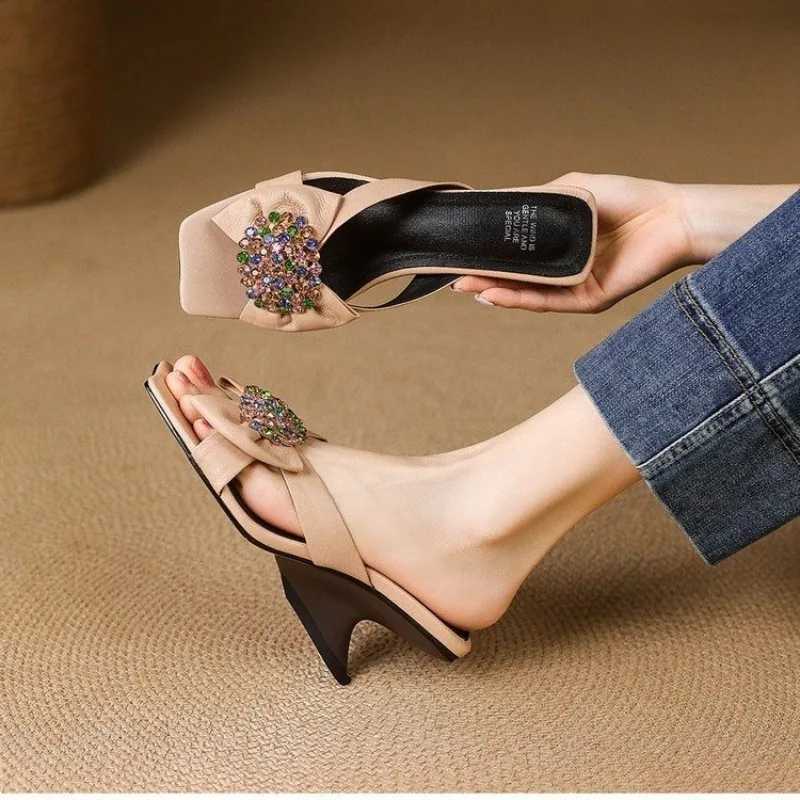 Summer Wedge Open Toe Going Out Half New Square Headpiece Diamond Bow Slip-on Anti-slip Wear-resistant Kitten Heels K260311