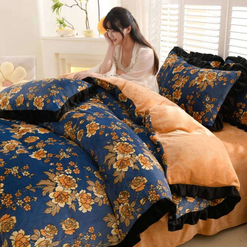 Korean Style Milk Velvet Four-Piece Thickened Winter Warm Soft Duvet Quilt Cover Bed Sheet Pillowcase Bedding Set H260311 - view 6