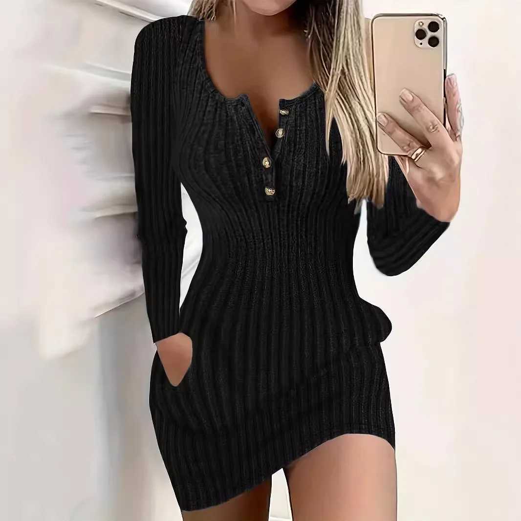 Fashion Long Sleeve Buttons Bodycon Dress Women Autumn Winter Knitted Ribbed Slim Sweater Sexy Mini Dresses For Women Robe Femme M260311