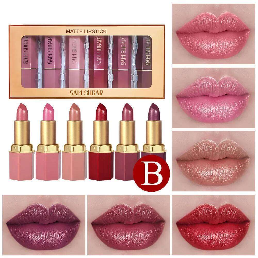 SAM SUGAR 6pcs Lipstick Set - Matte & Shiny Diamond Finish Long-Lasting Non-Sticky Moisturizing Velvet Sexy Red Colors Lip Kit W260311