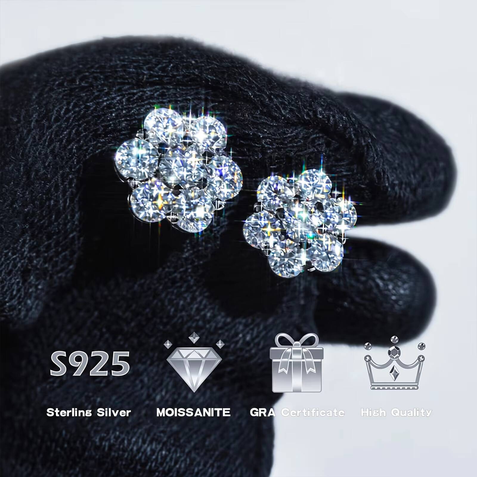 14KT Yellow Gold Plated 925 Sterling Silver GRA VVS Moissanite Lab-Grown Diamond 7 Stone Flower Cluster Earring for Women Men